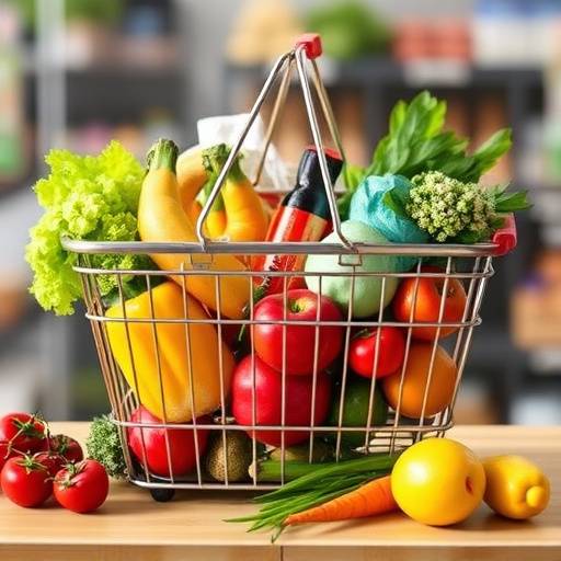 Una cesta de la compra llena de alimentos saludables y econ&radic;&ge;micos, representando el ahorro en alimentaci&radic;&ge;n.